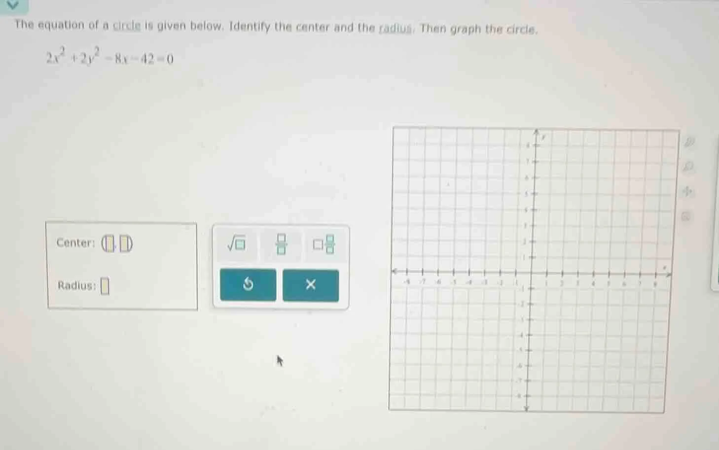 the equation of a circle is given below. identify the center and the ra…