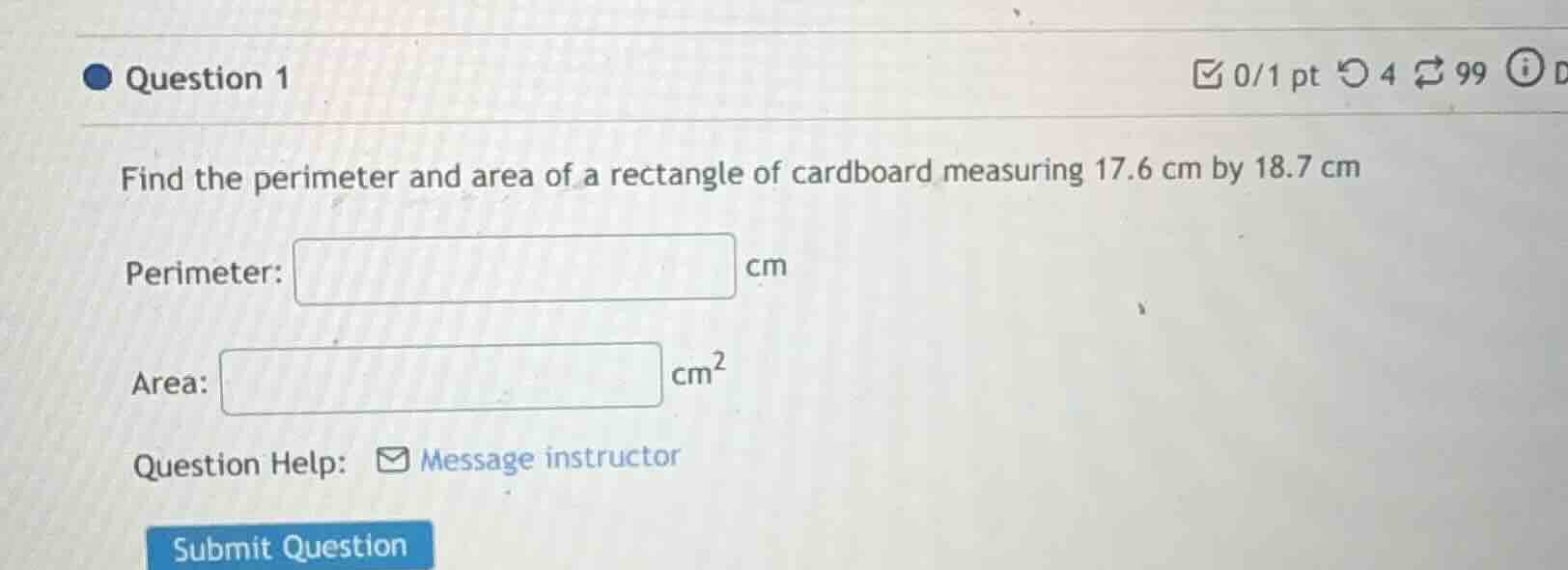 question 1 find the perimeter and area of a rectangle of cardboard meas…