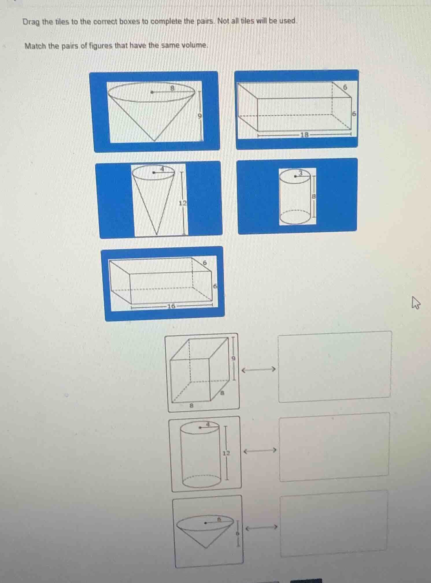 drag the tiles to the correct boxes to complete the pairs. not all tile…