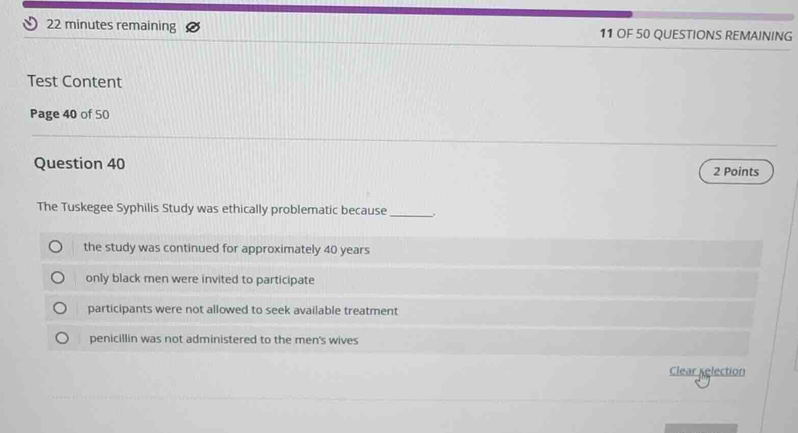 test content page 40 of 50 question 40 the tuskegee syphilis study was …