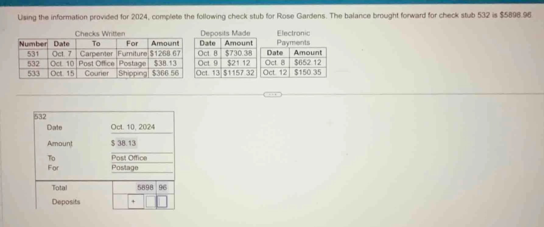 using the information provided for 2024, complete the following check s…