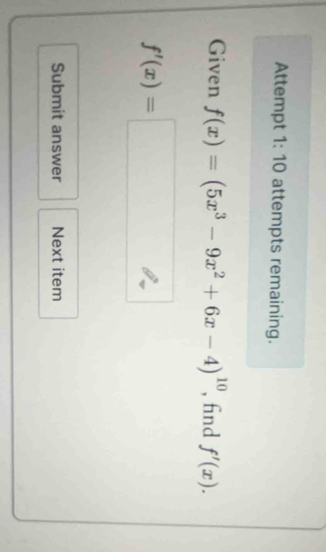 attempt 1: 10 attempts remaining. given ( f(x) = (5x^3 - 9x^2 + 6x - 4)…