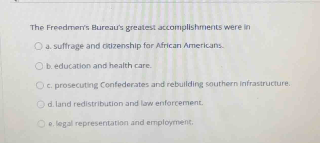 the freedmen’s bureau’s greatest accomplishments were in a. suffrage an…