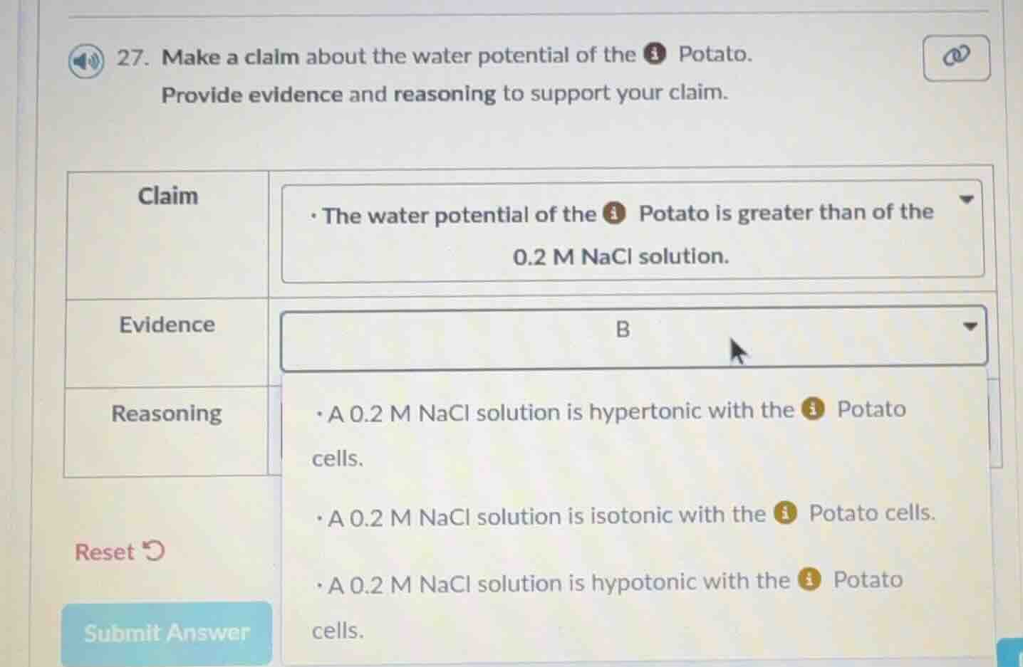 27. make a claim about the water potential of the potato. provide evide…
