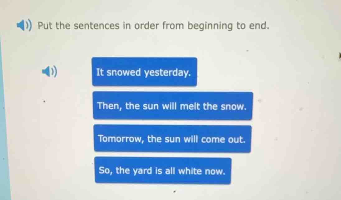 put the sentences in order from beginning to end. it snowed yesterday. …