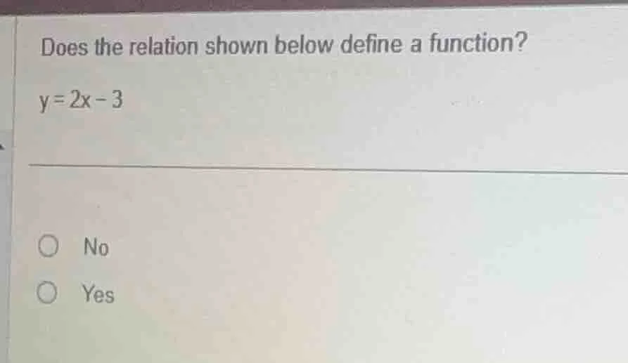 does the relation shown below define a function? y = 2x - 3 ○ no ○ yes