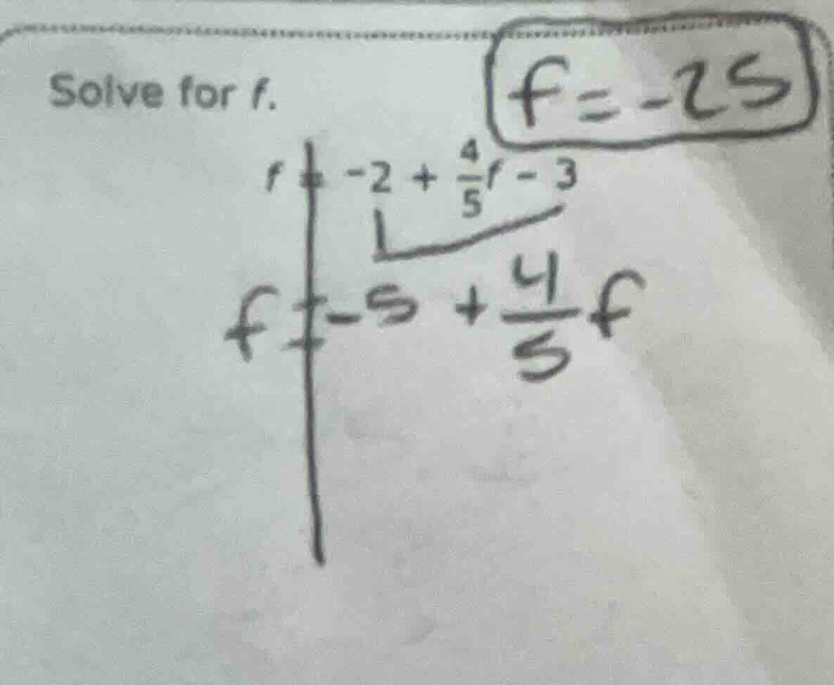 solve for f. $f = -25$ $f = -2 + \\frac{4}{5}f - 3$ $f = -5 + \\frac{4}…