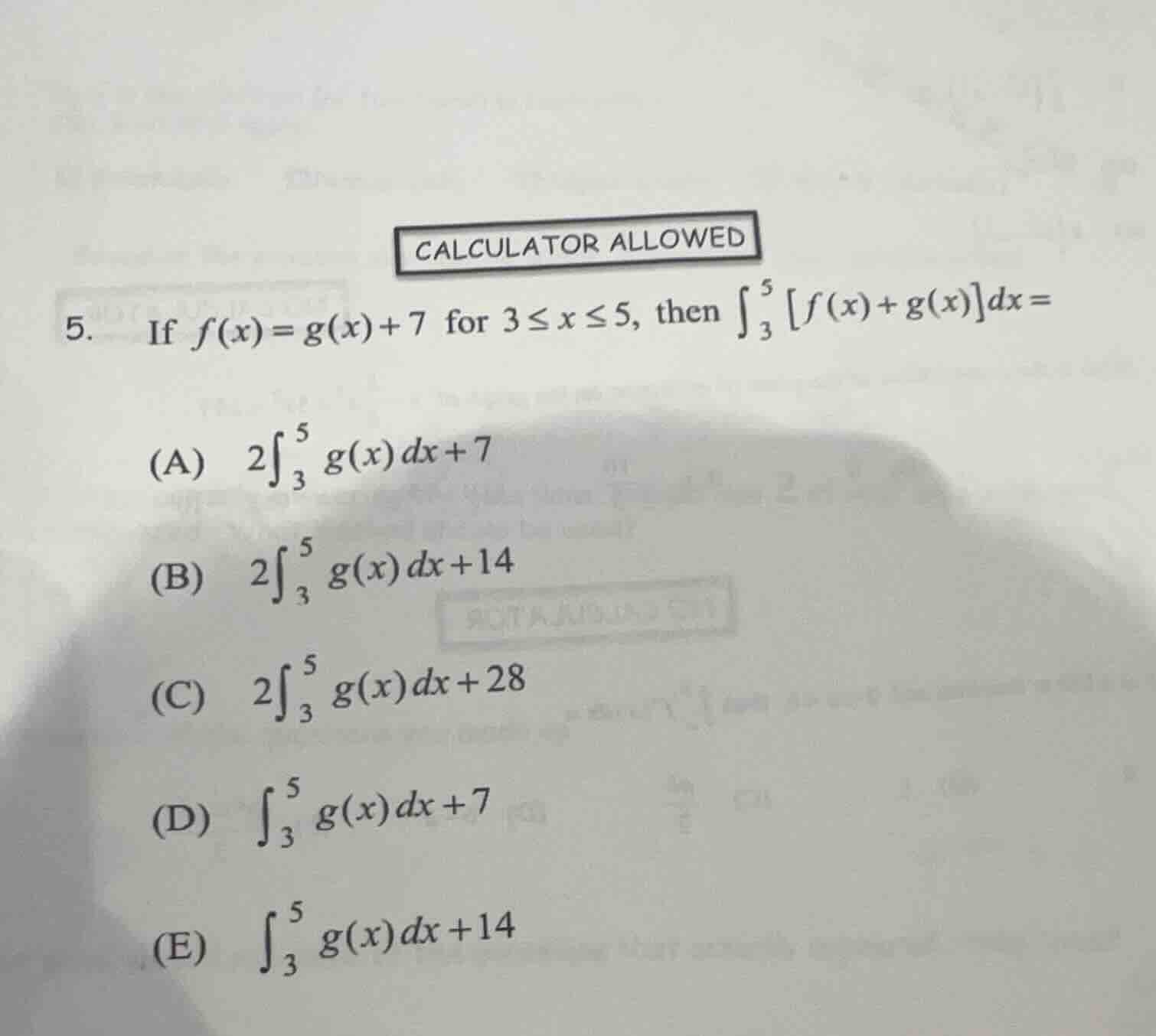 calculator allowed 5. if $f(x)=g(x)+7$ for $3 \\leq x \\leq 5$, then $\…