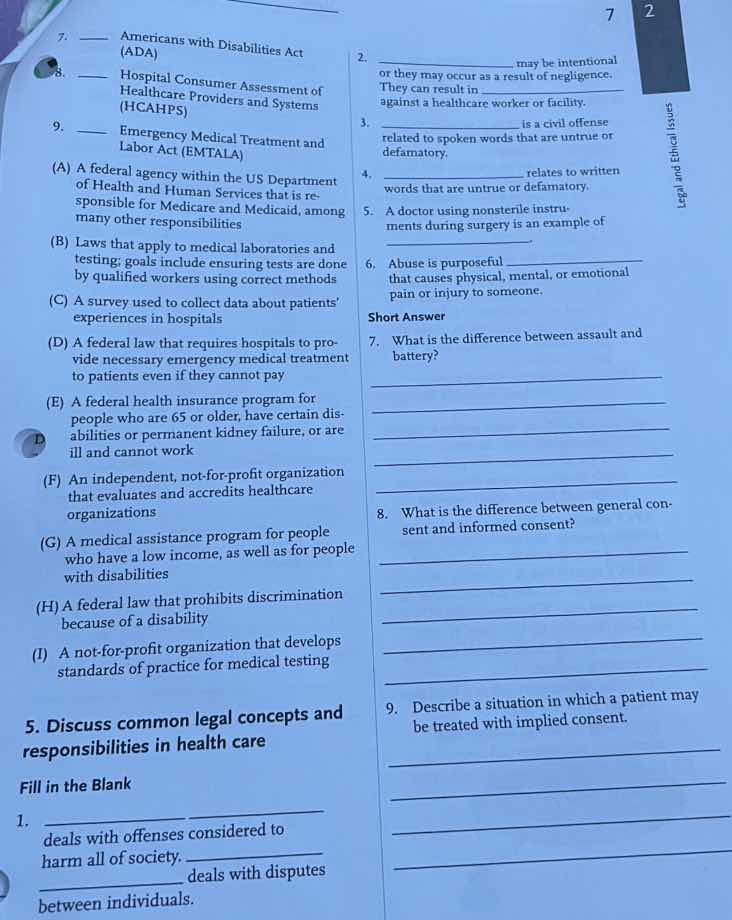7. ___ americans with disabilities act (ada) 8. ___ hospital consumer a…