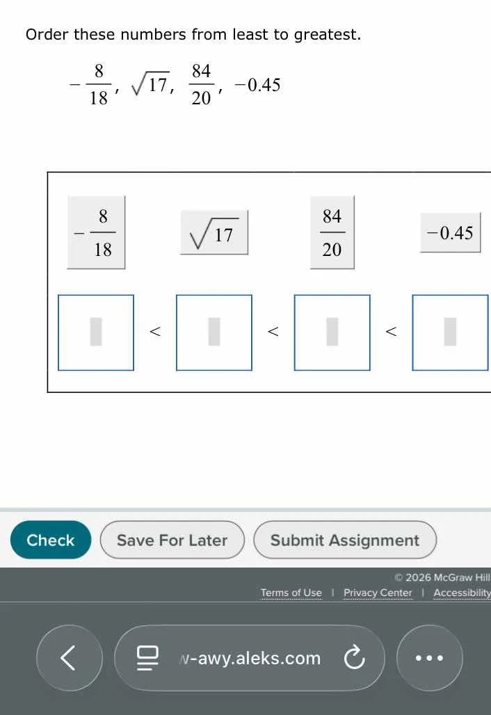 order these numbers from least to greatest. \\( -dfrac{8}{18} \\), \\( …