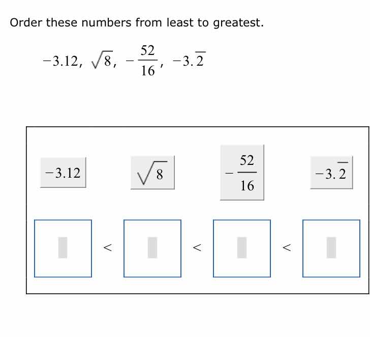 order these numbers from least to greatest. -3.12, \\(\\sqrt{8}\\), \\(…