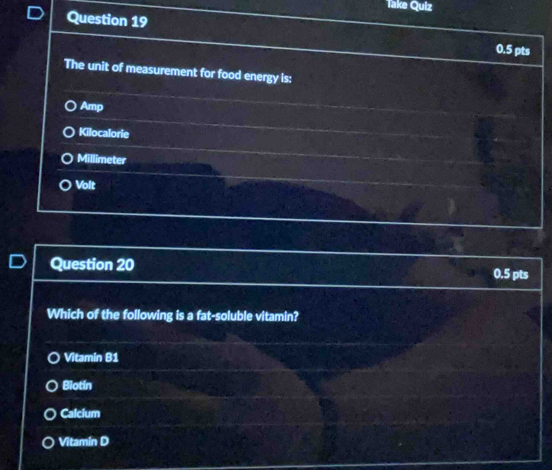 question 19 0.5 pts the unit of measurement for food energy is: amp kil…