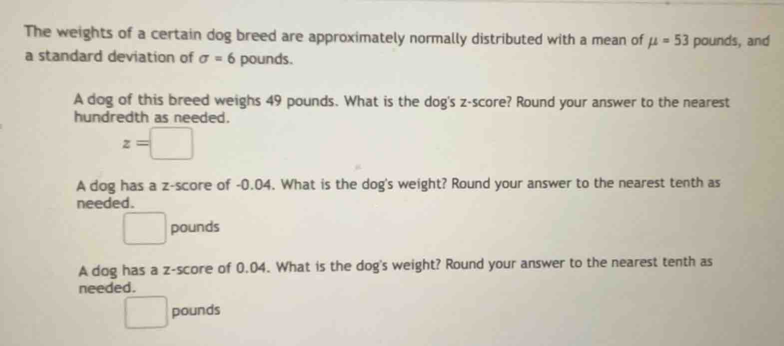 the weights of a certain dog breed are approximately normally distribut…