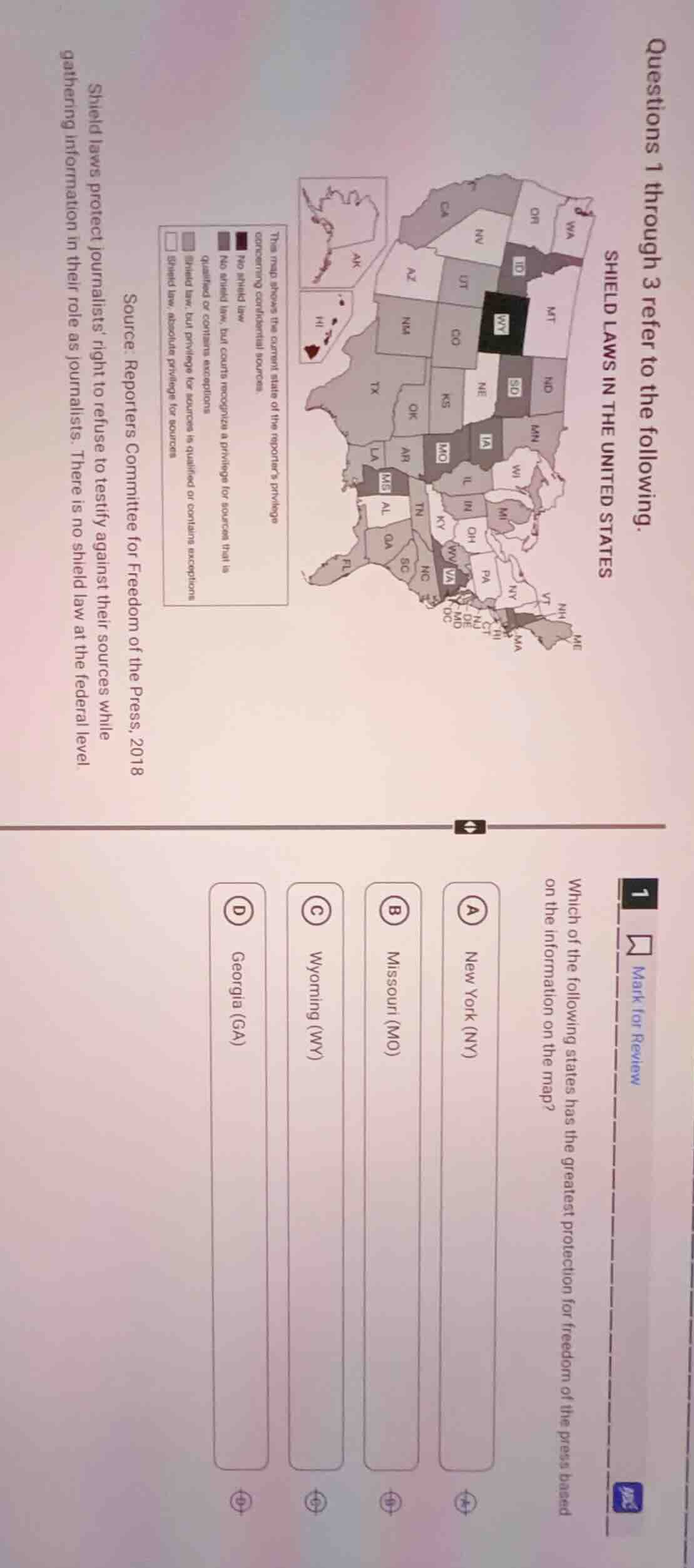 questions 1 through 3 refer to the following. shield laws in the united…