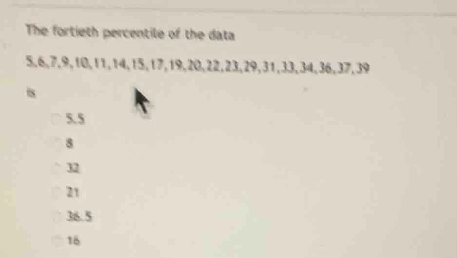the fortieth percentile of the data 5,6,7,9,10,11,14,15,17,19,20,22,23,…