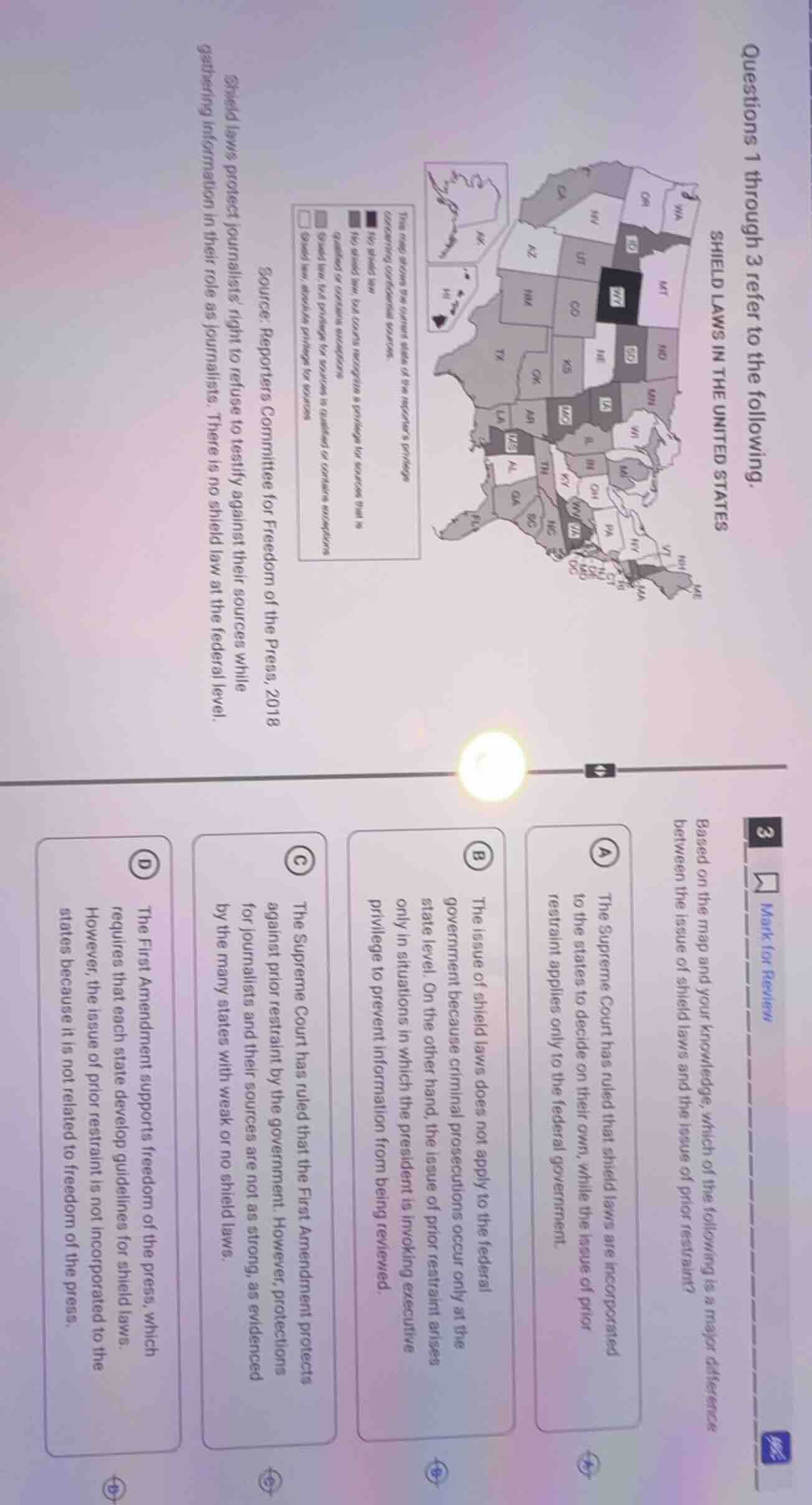 questions 1 through 3 refer to the following. shield laws in the united…