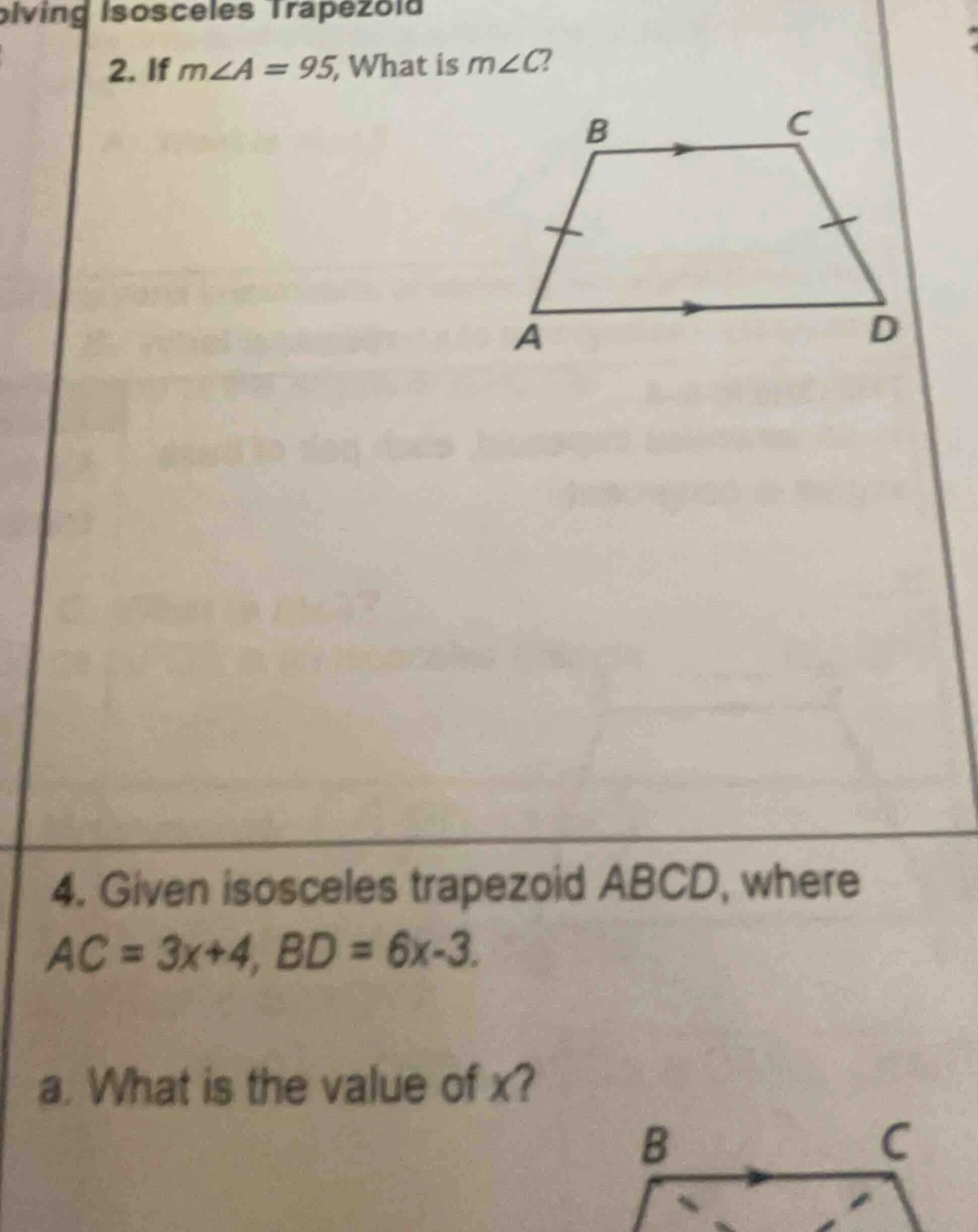 solving isosceles trapezoid 2. if ( mangle a = 95 ), what is ( mangle c…