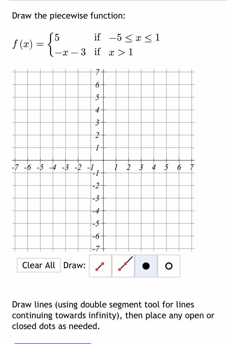 draw the piecewise function: $f(x)=\\begin{cases}5 & \\text{if } -5\\le…