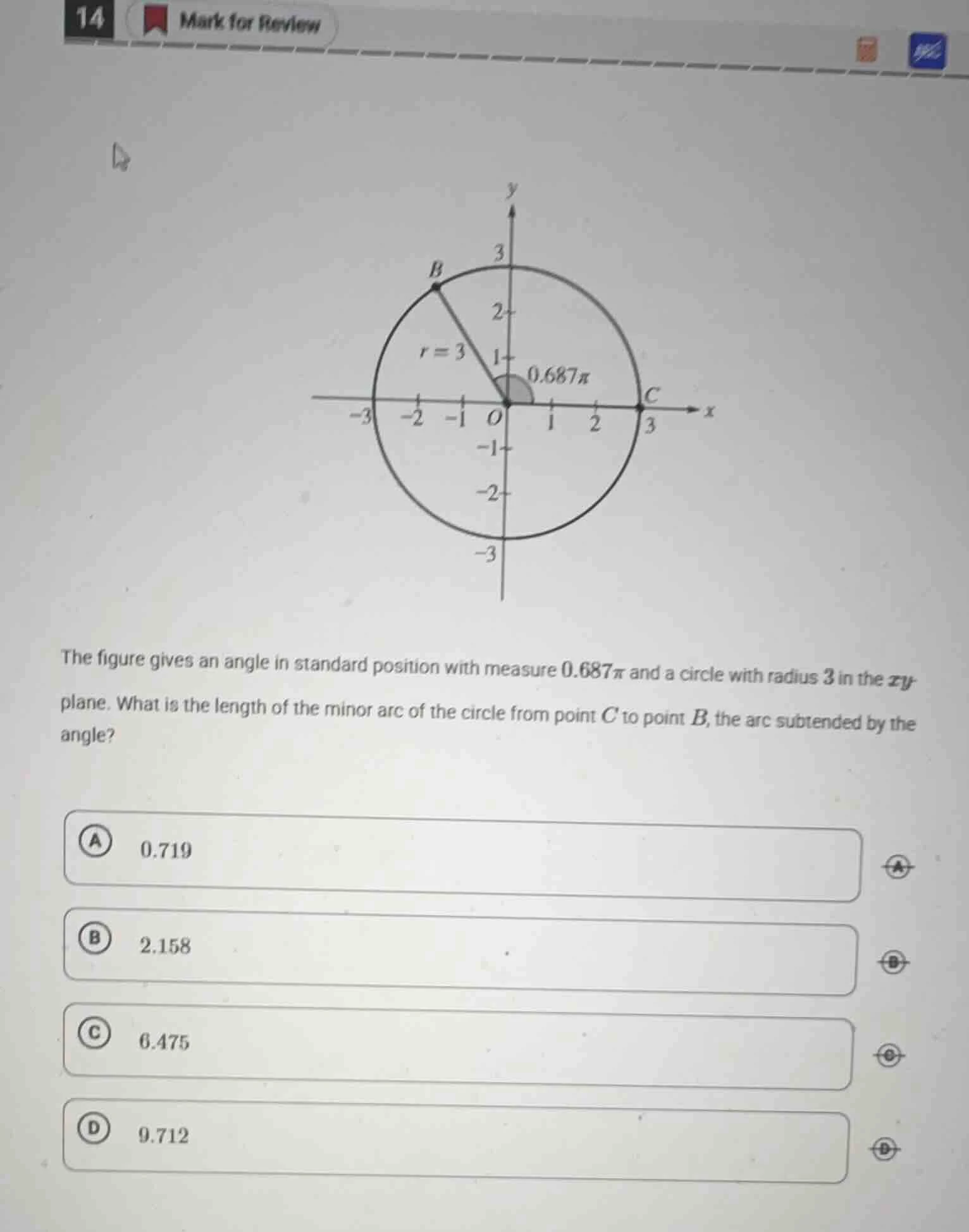 the figure gives an angle in standard position with measure 0.687π and …