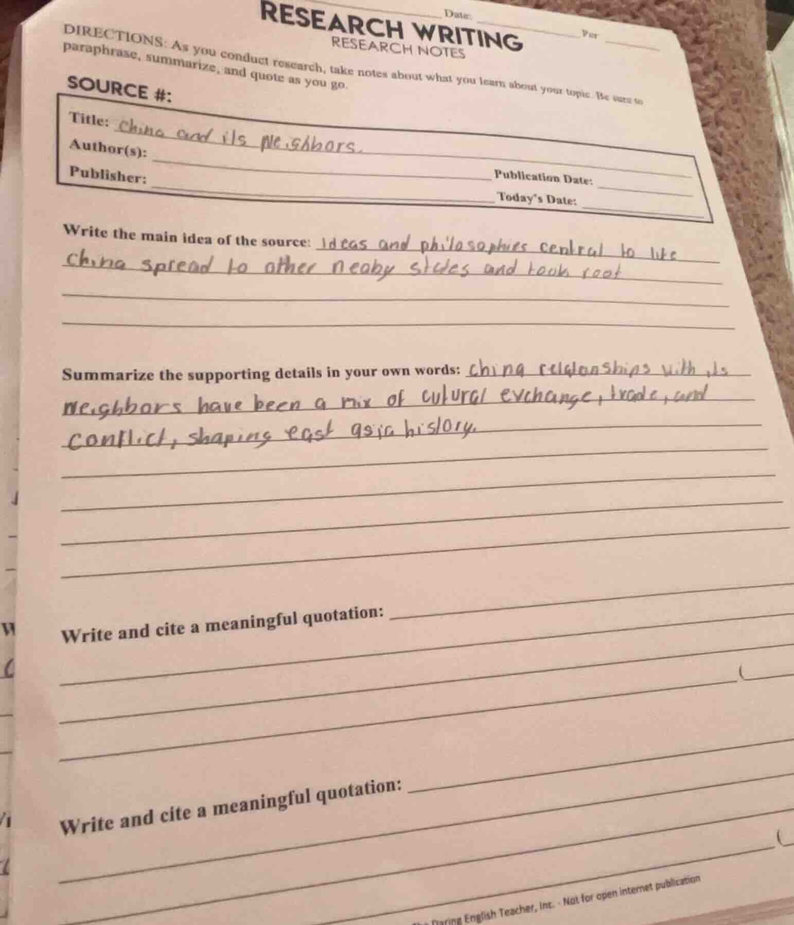 research writing research notes date: ______ per ______ directions: as …