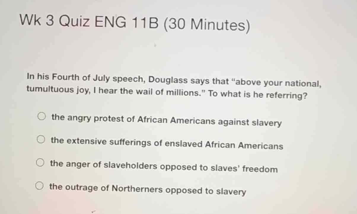 wk 3 quiz eng 11b (30 minutes) in his fourth of july speech, douglass s…