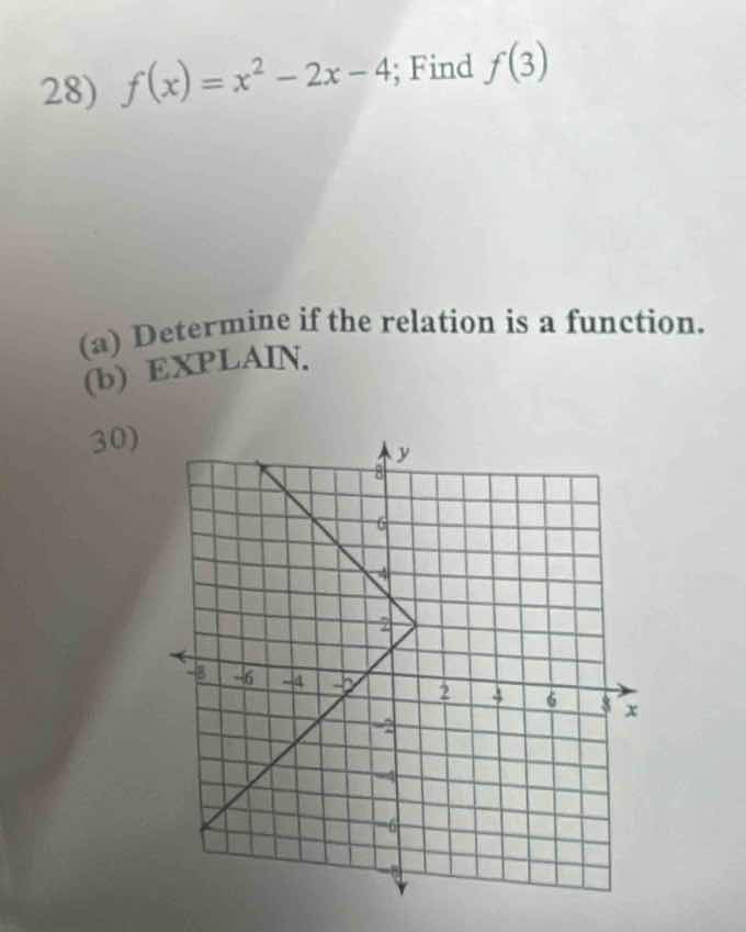 28) $f(x)=x^2 - 2x - 4$; find $f(3)$ (a) determine if the relation is a…