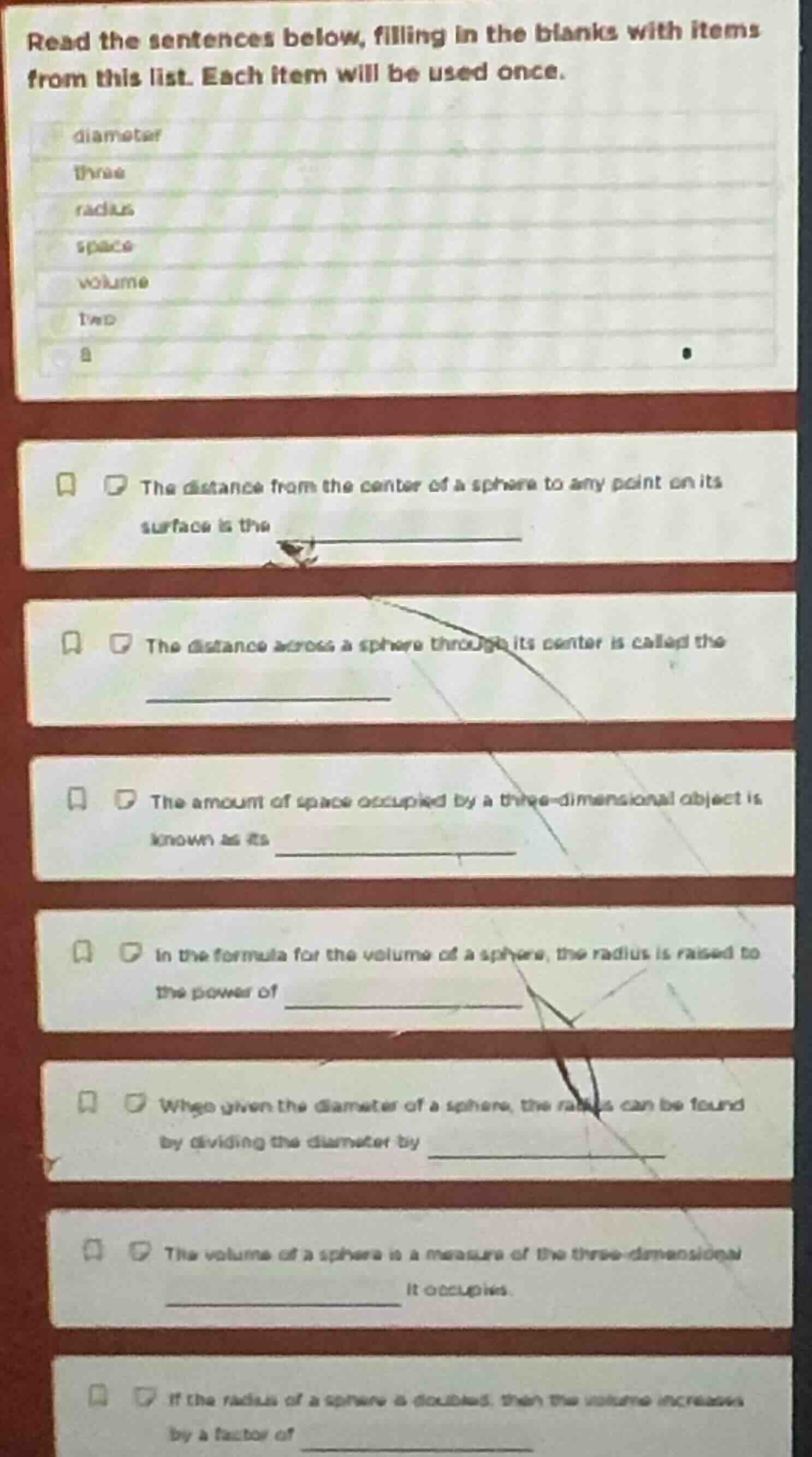 read the sentences below, filling in the blanks with items from this li…