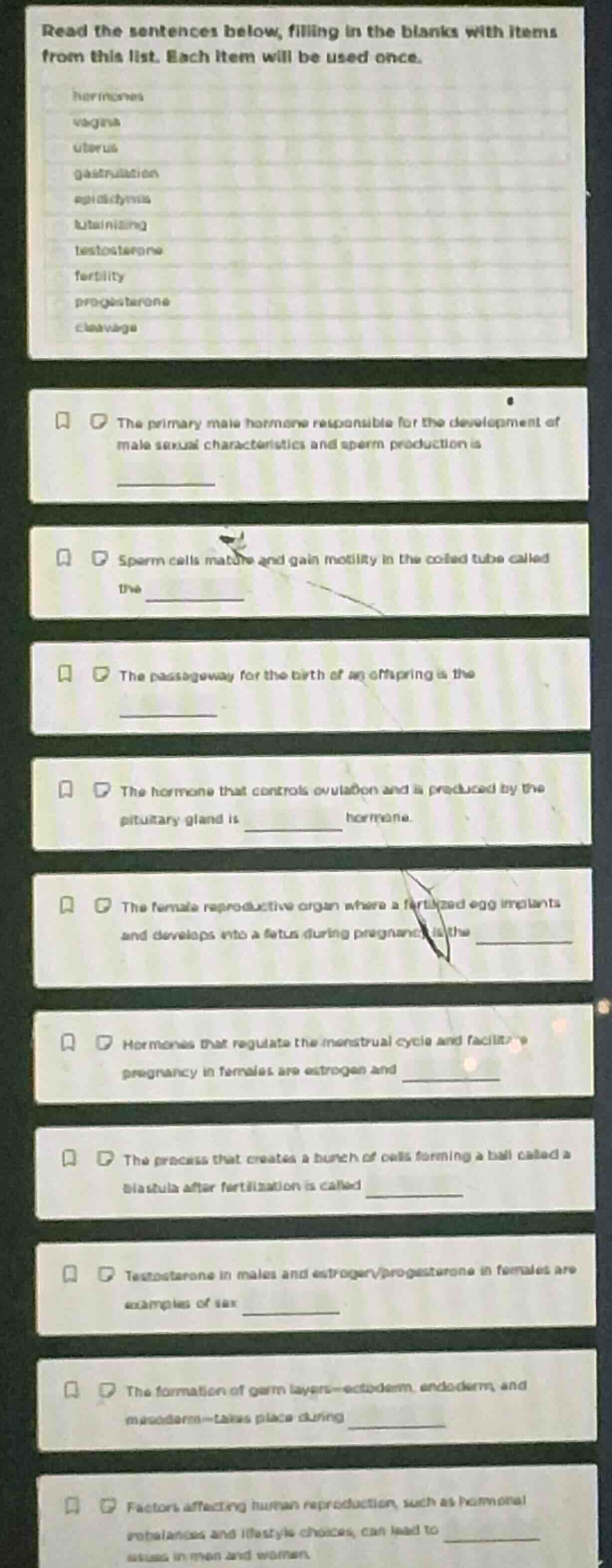 read the sentences below, filling in the blanks with items from this li…