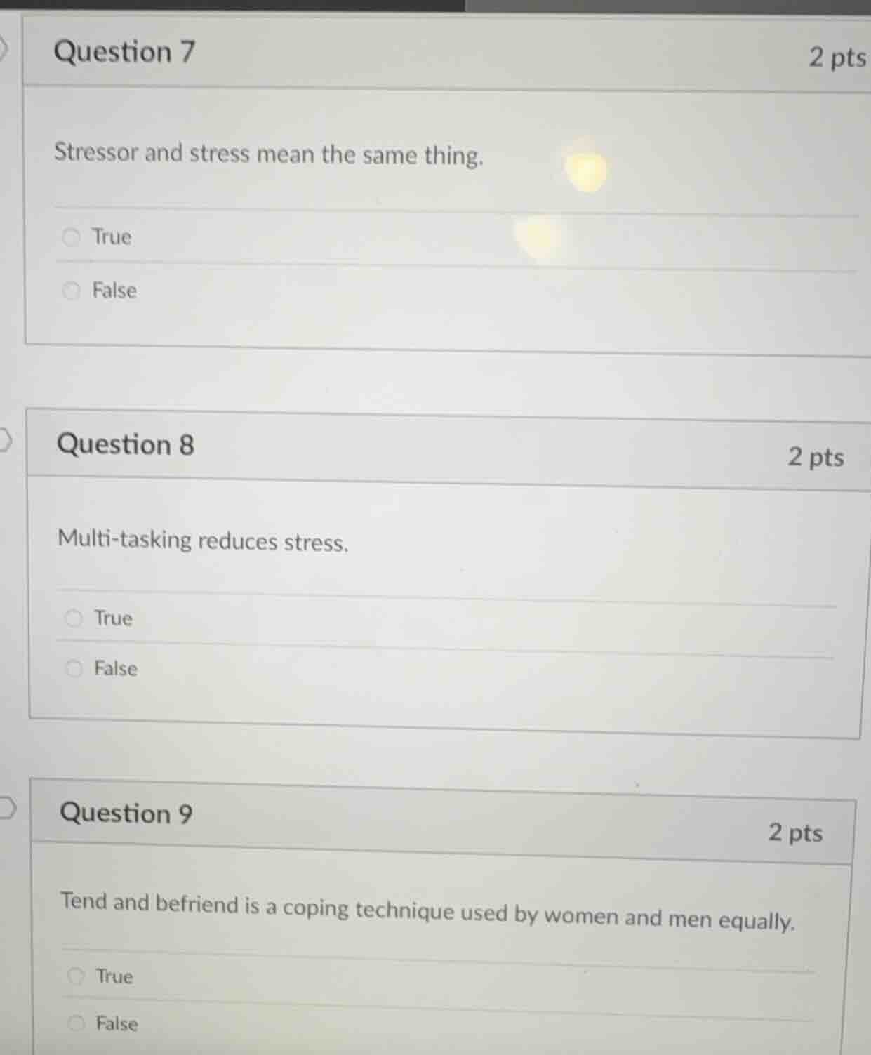 question 7 stressor and stress mean the same thing. true false question…