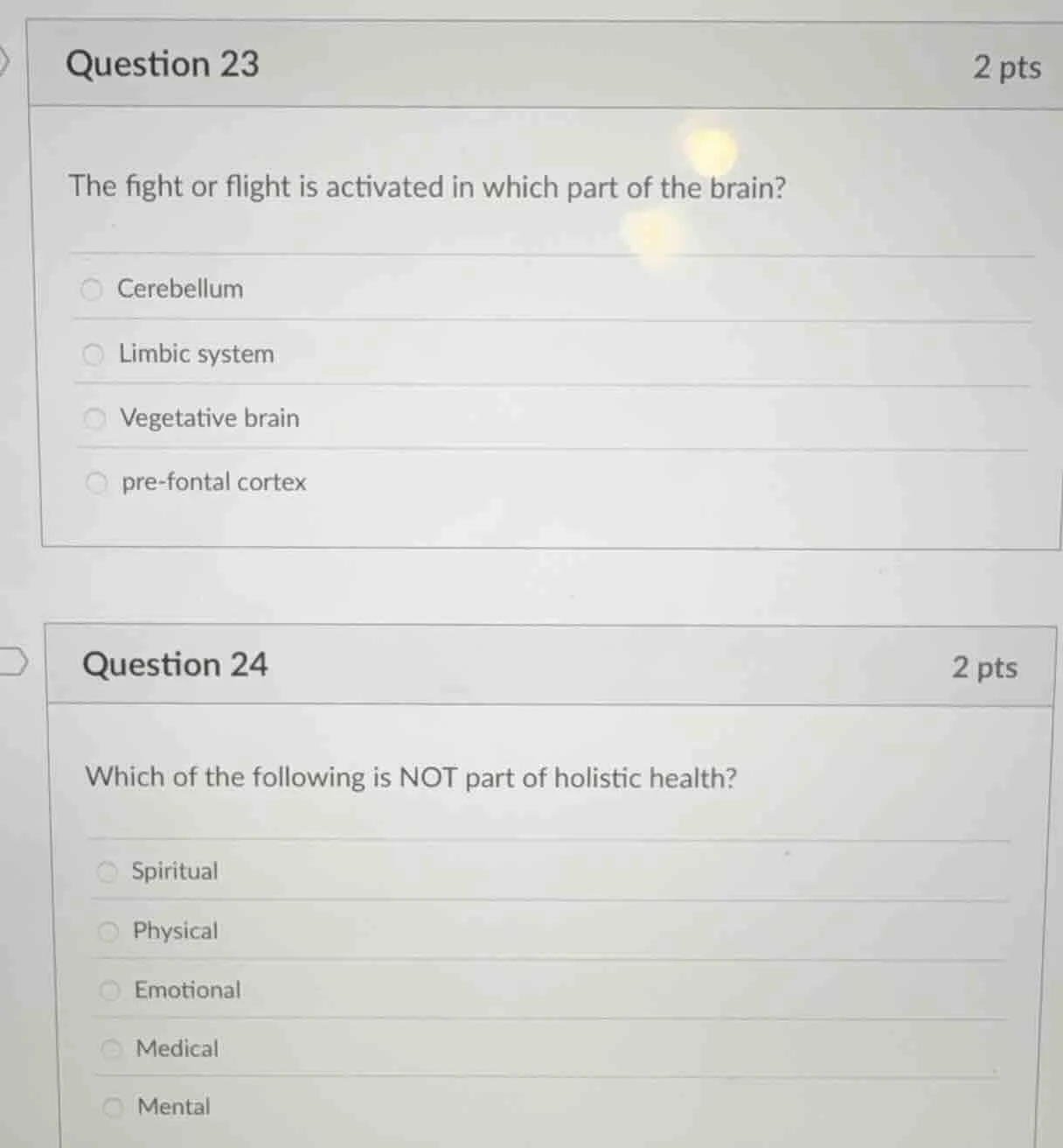 question 23 2 pts the fight or flight is activated in which part of the…