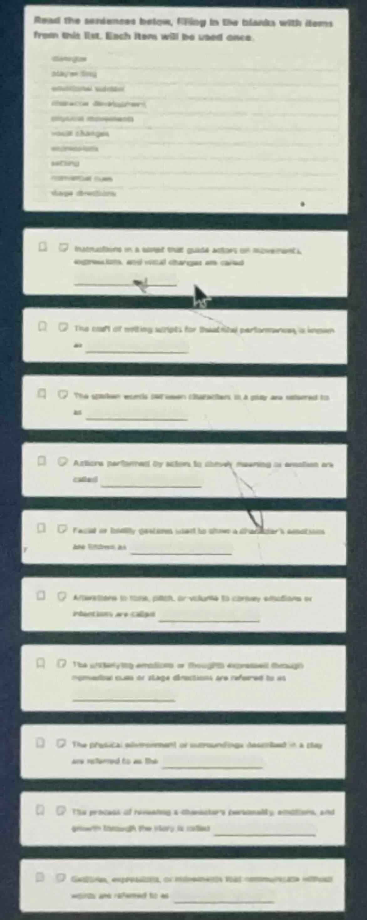 read the sentences below, filling in the blanks with items from the lis…