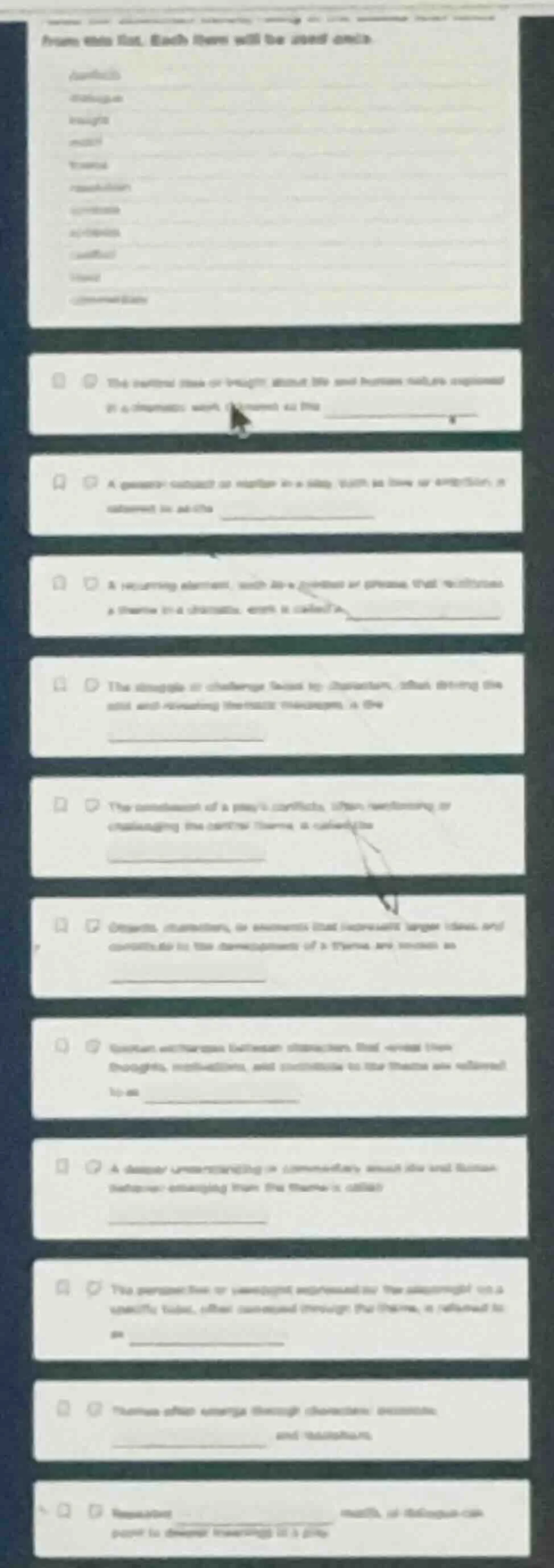 from the list. each item will be used once. (words list: conflict, dial…