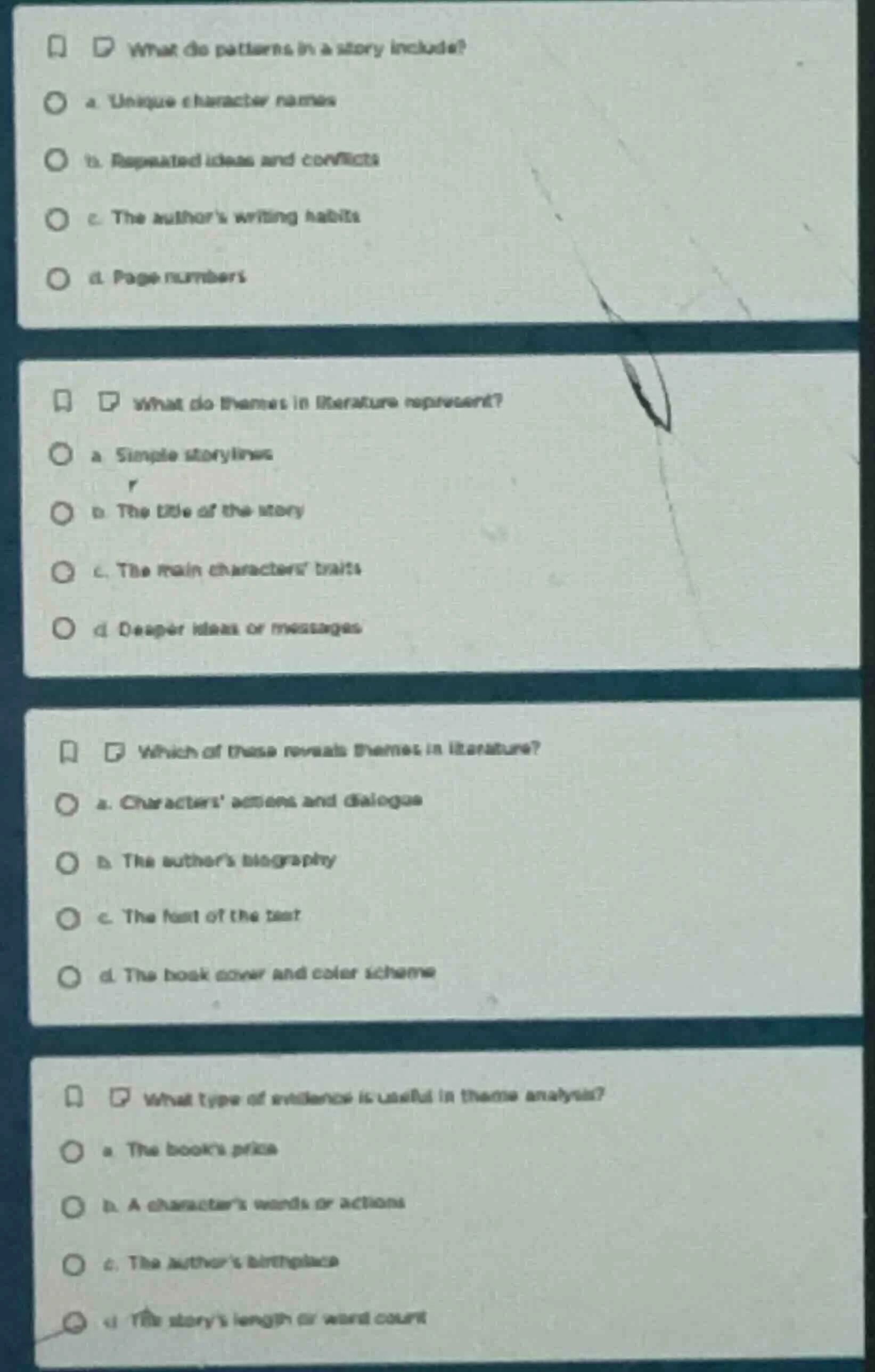 what do patterns in a story include? a. unique character names b. repea…