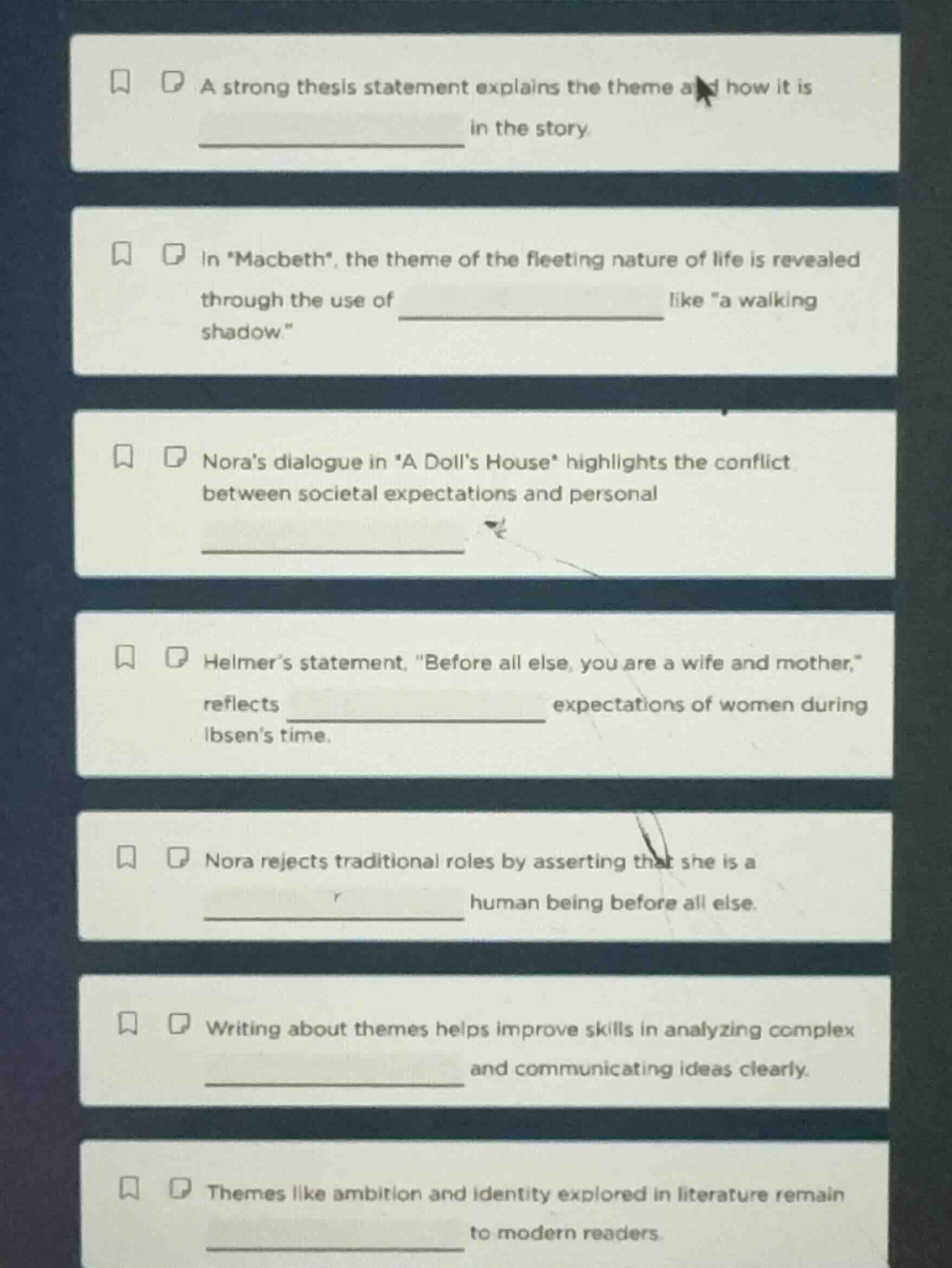 a strong thesis statement explains the theme and how it is __________ i…