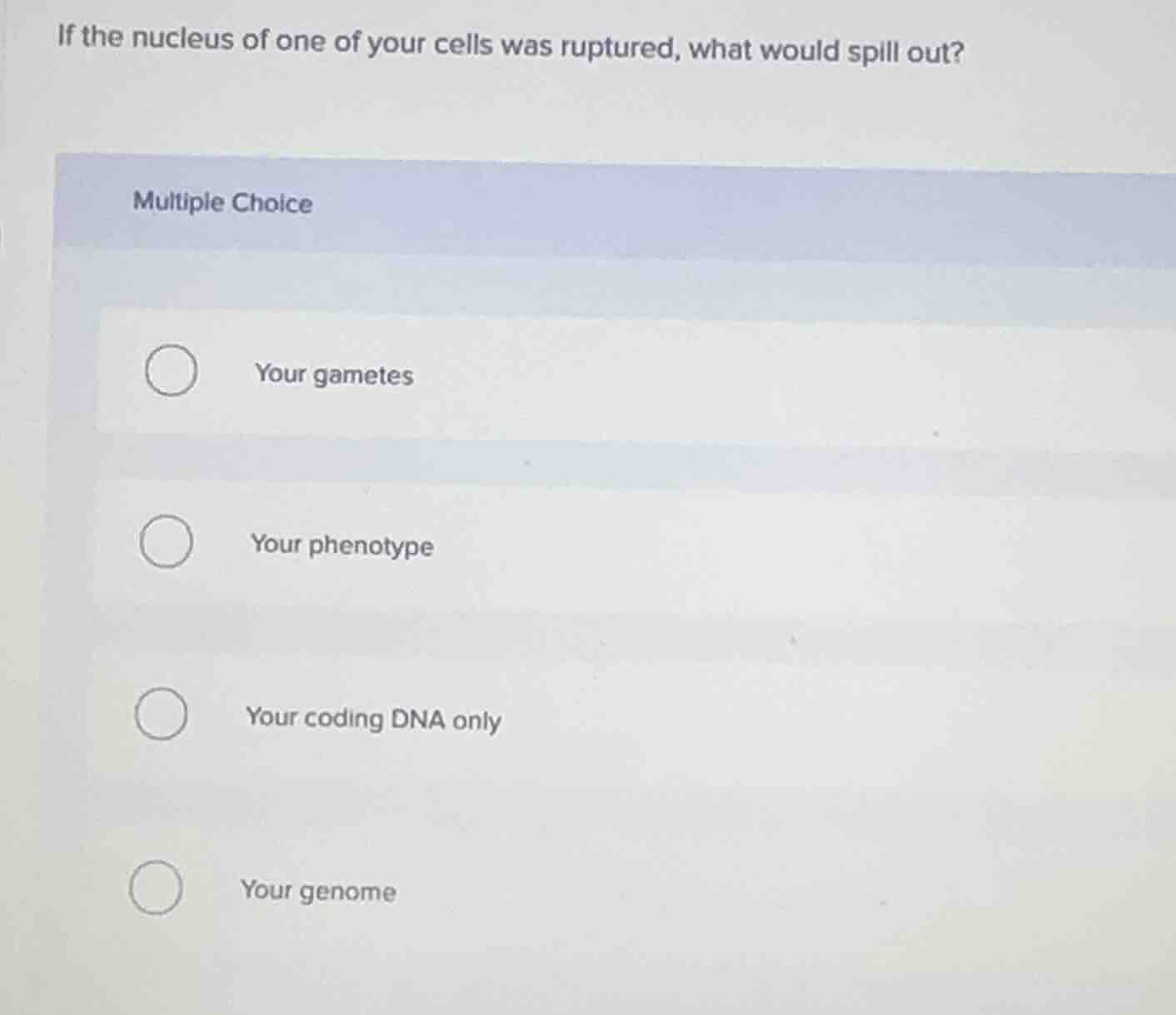 if the nucleus of one of your cells was ruptured, what would spill out?…