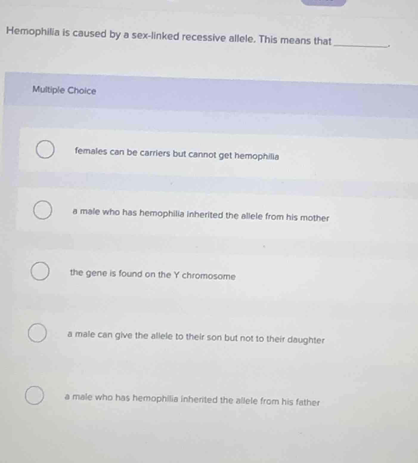 hemophilia is caused by a sex - linked recessive allele. this means tha…