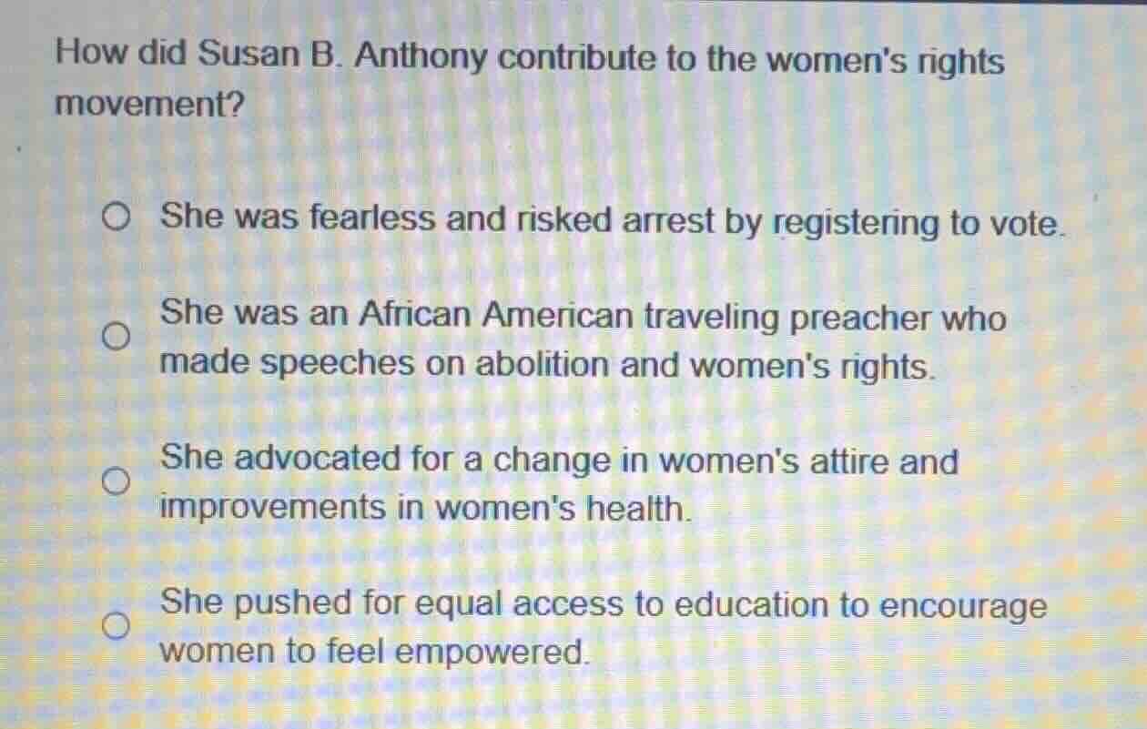 how did susan b. anthony contribute to the womens rights movement? ○ sh…