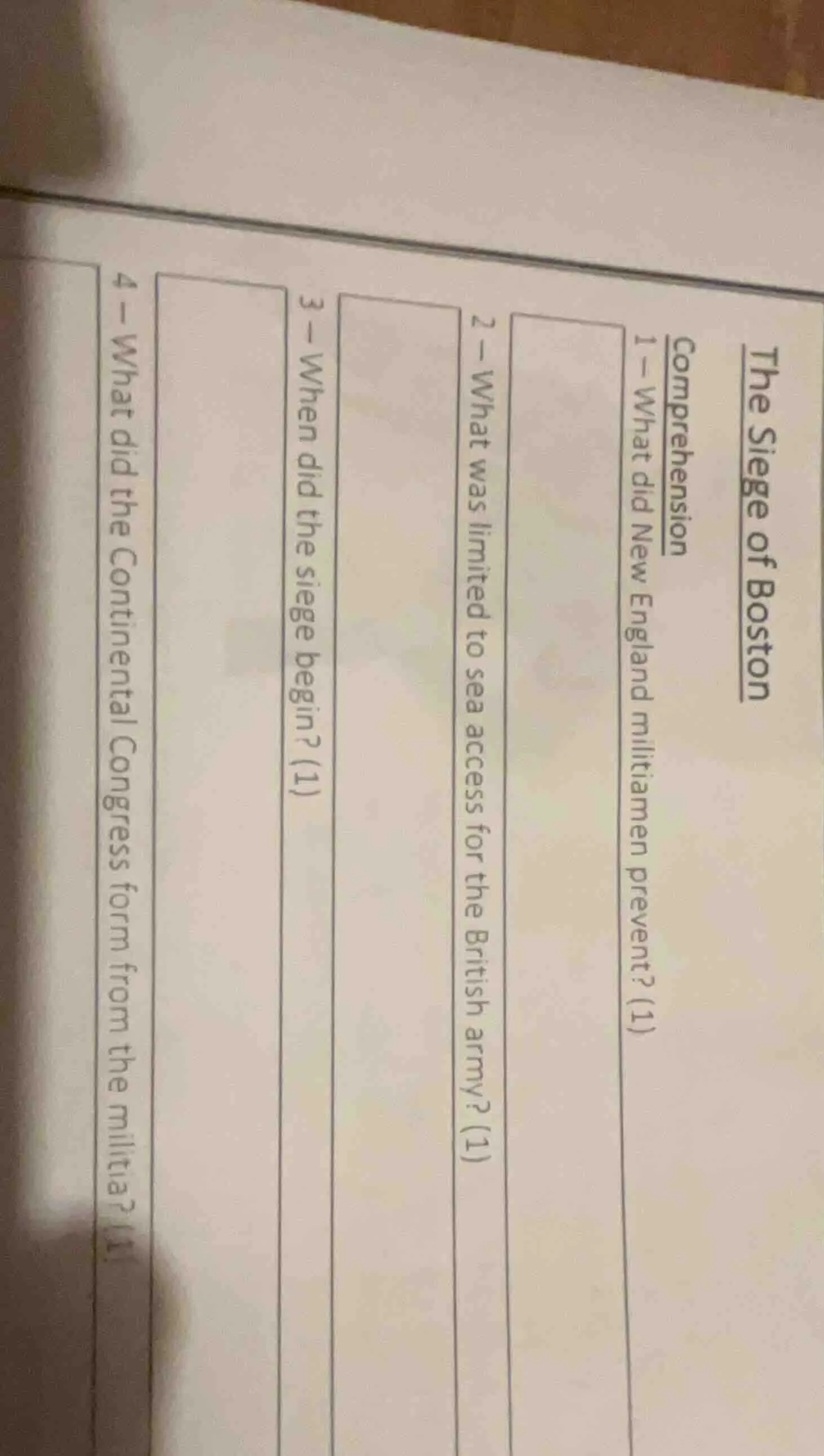 the siege of boston comprehension 1 - what did new england militiamen p…