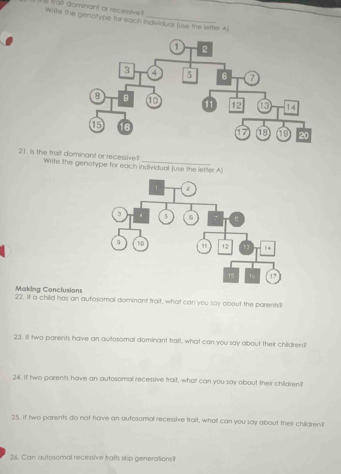 trait dominant or recessive? write the genotype for each individual (us…