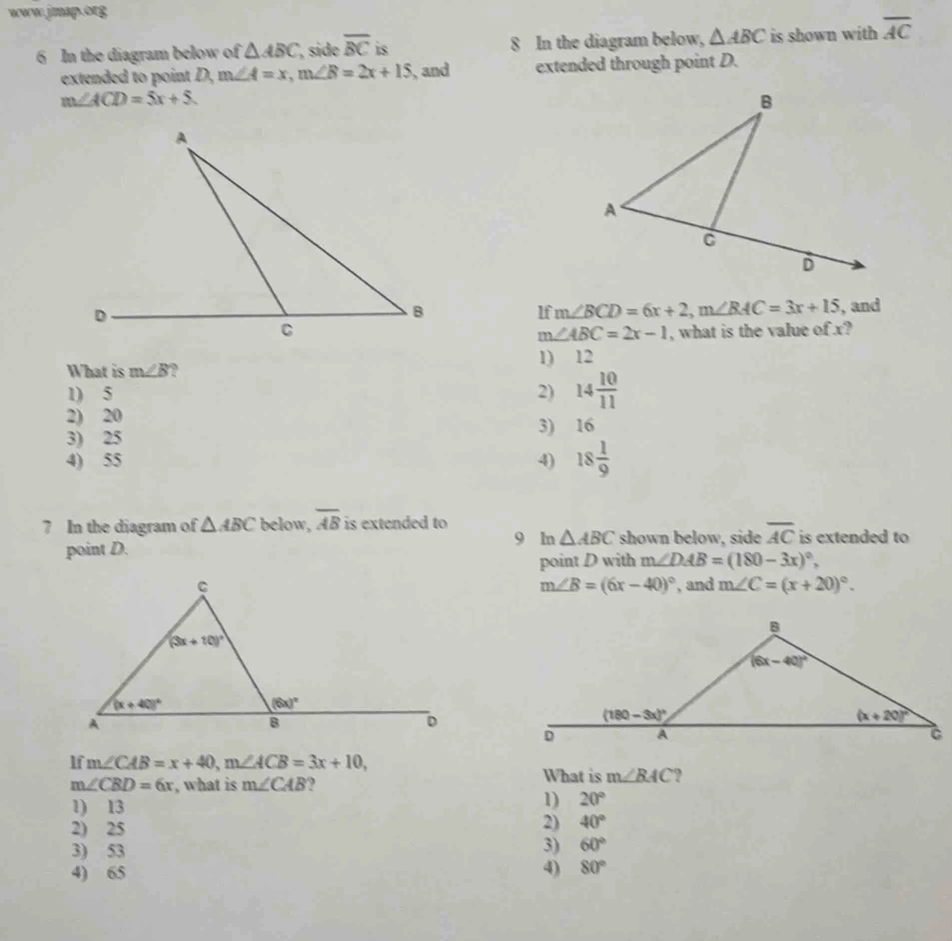 6 in the diagram below of $\\triangle abc$, side $\\overline{bc}$ is ex…