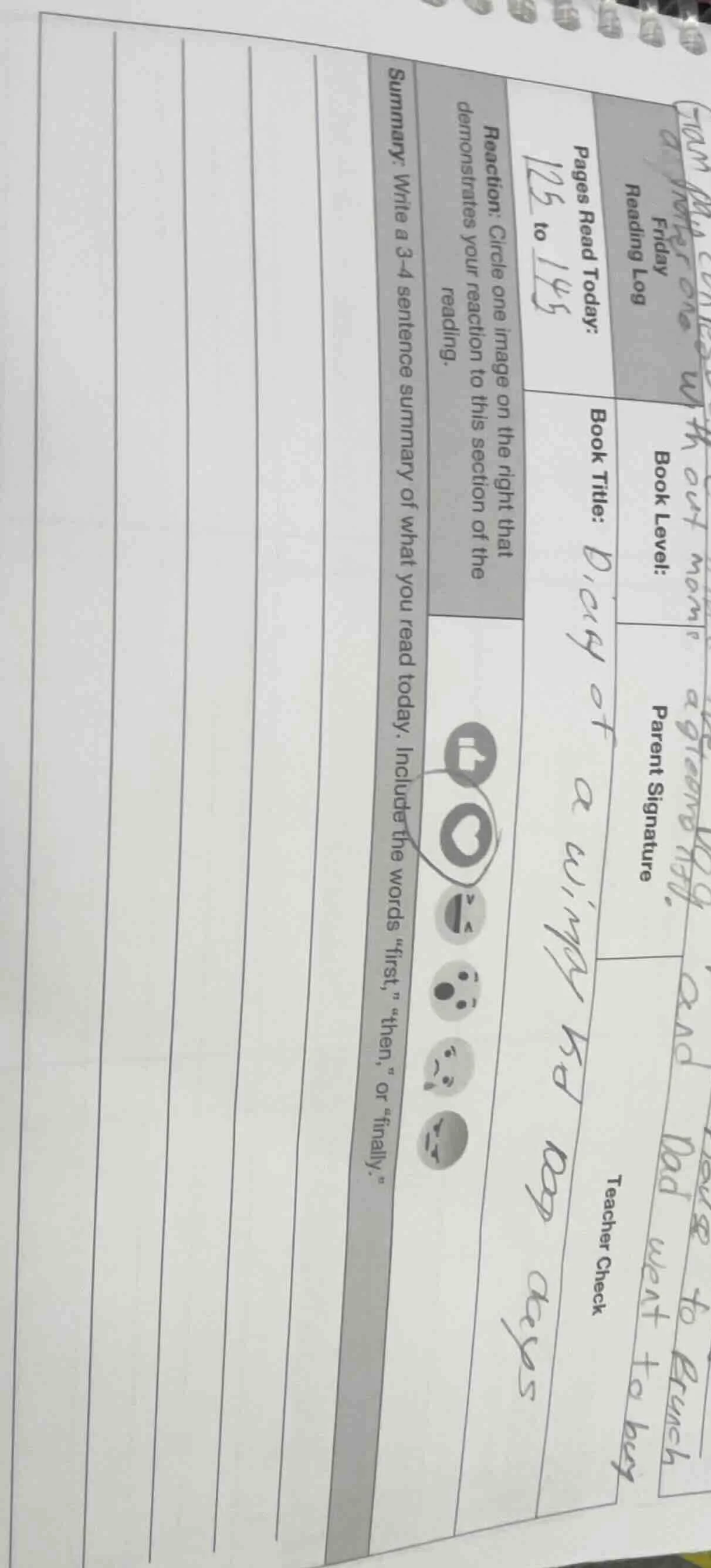 friday reading log pages read today: 125 to 145 reaction: circle one im…