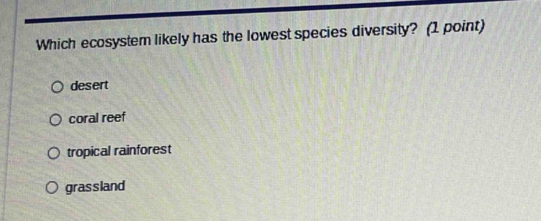 which ecosystem likely has the lowest species diversity? (1 point) dese…