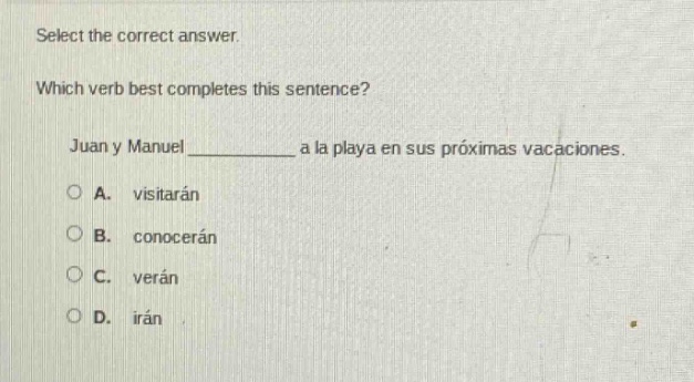 select the correct answer. which verb best completes this sentence? jua…