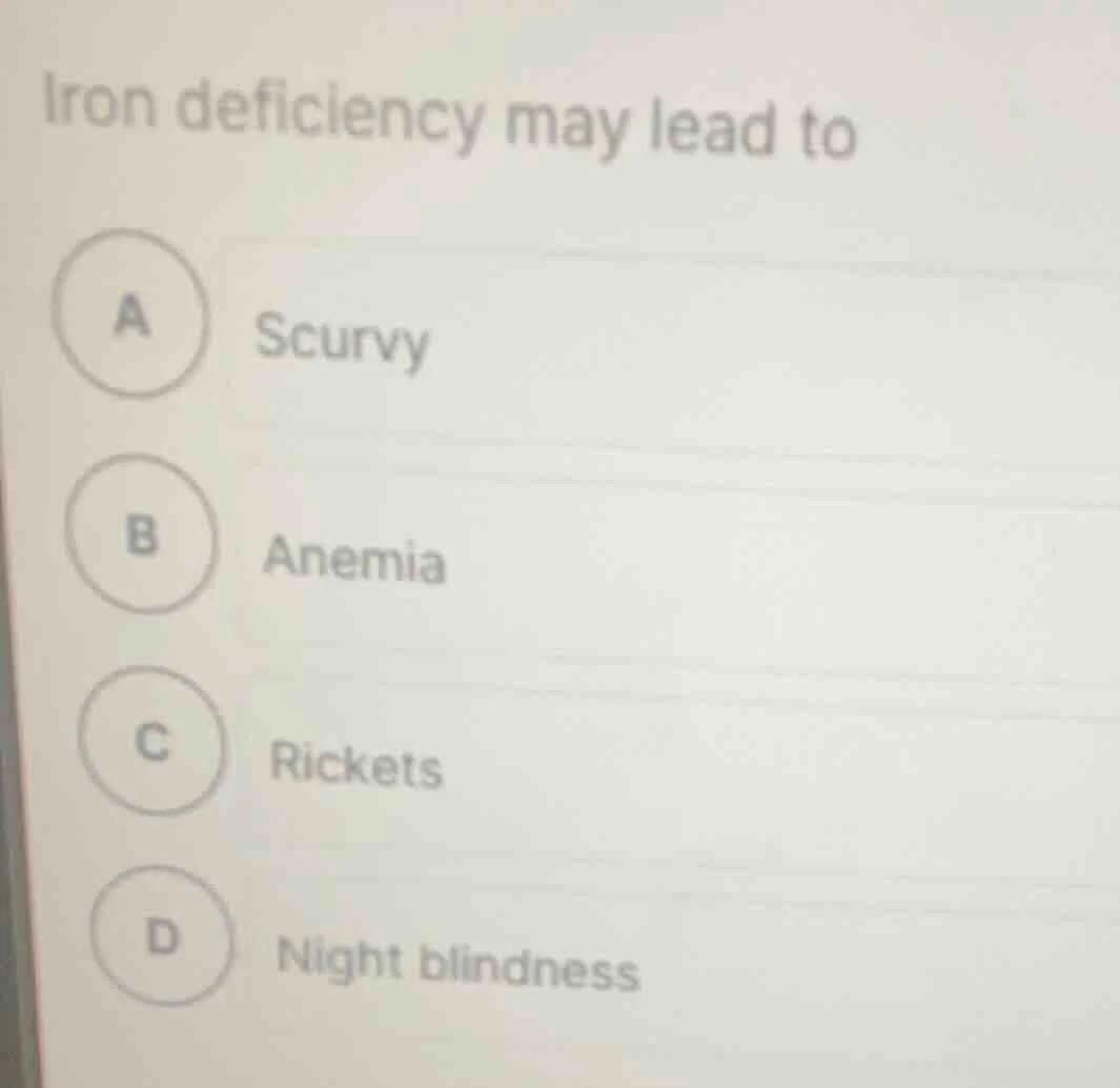 iron deficiency may lead to a scurvy b anemia c rickets d night blindne…