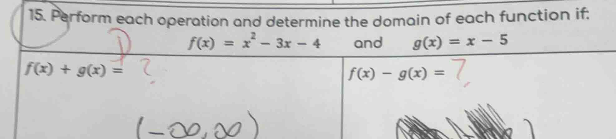 15. perform each operation and determine the domain of each function if…