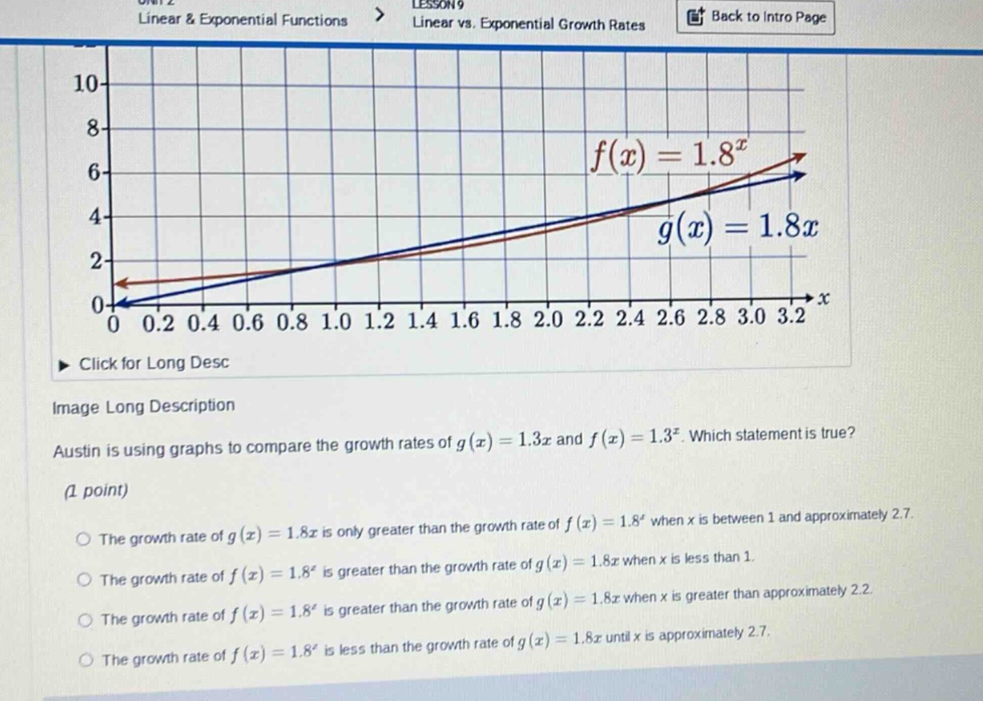 austin is using graphs to compare the growth rates of $g(x) = 1.3x$ and…