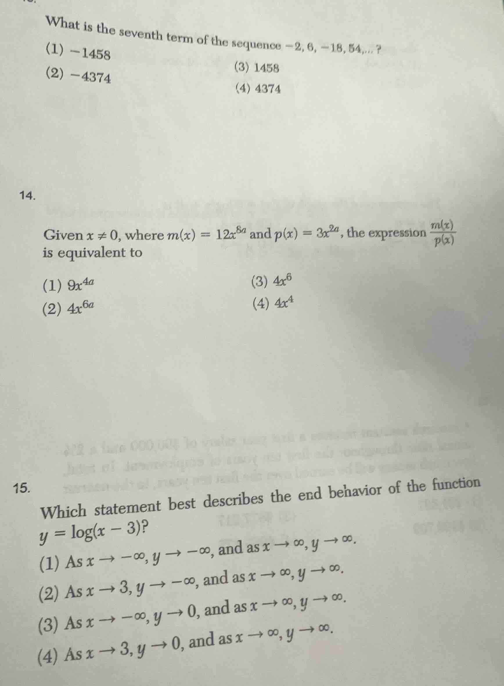 13. what is the seventh term of the sequence -2, 6, -18, 54,...? (1) -1…