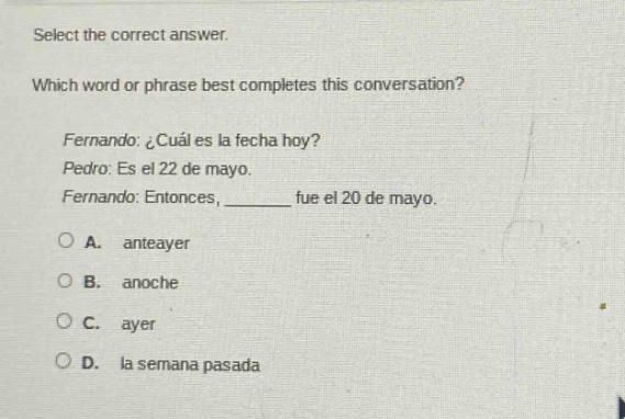 select the correct answer. which word or phrase best completes this con…