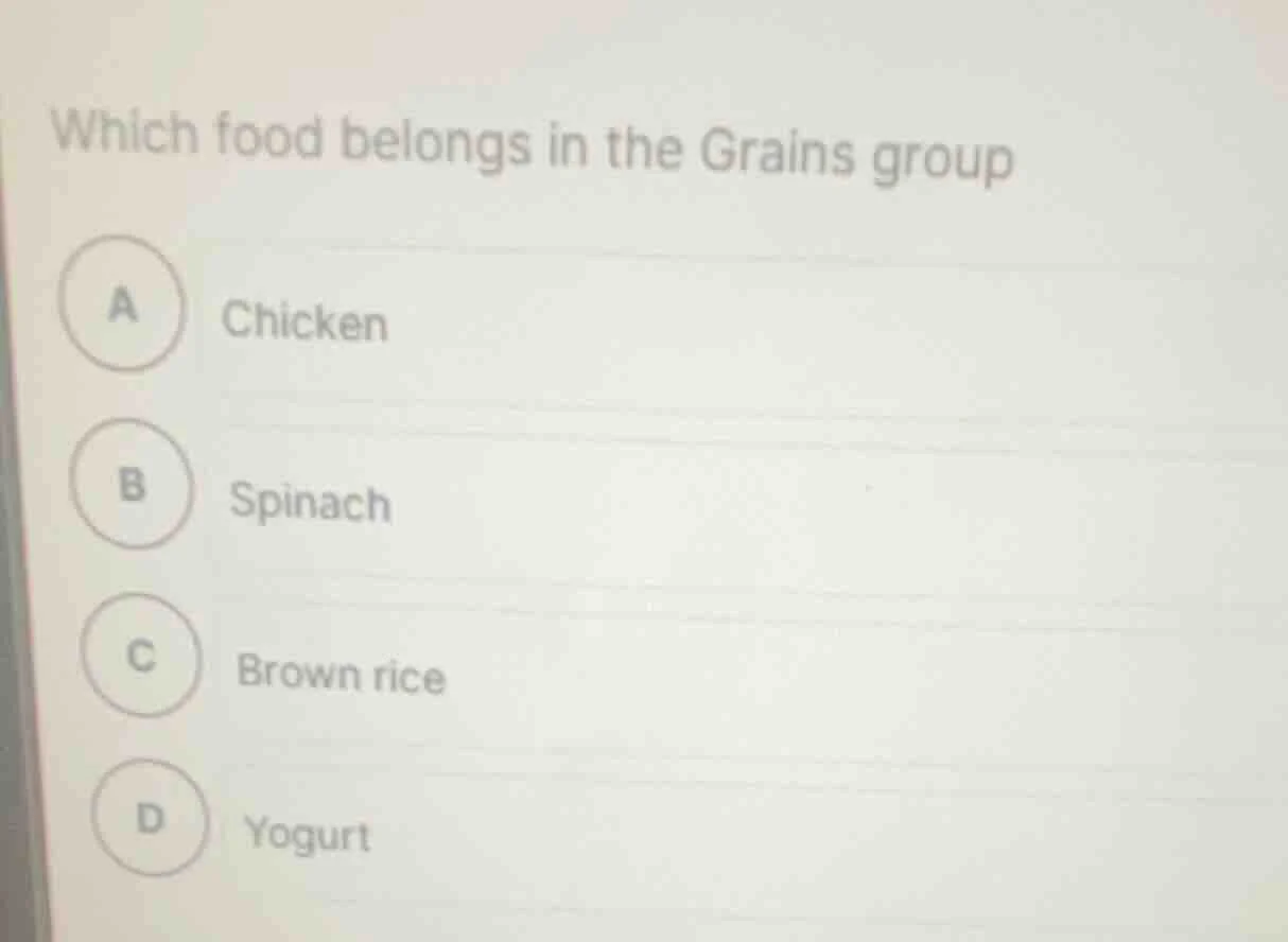 which food belongs in the grains group a chicken b spinach c brown rice…