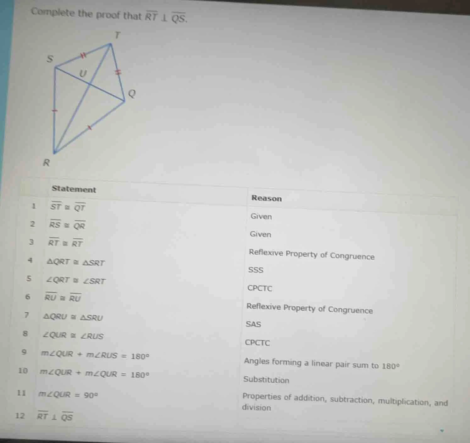 complete the proof that \\(overline{rt} \\perp overline{qs}\\). stateme…